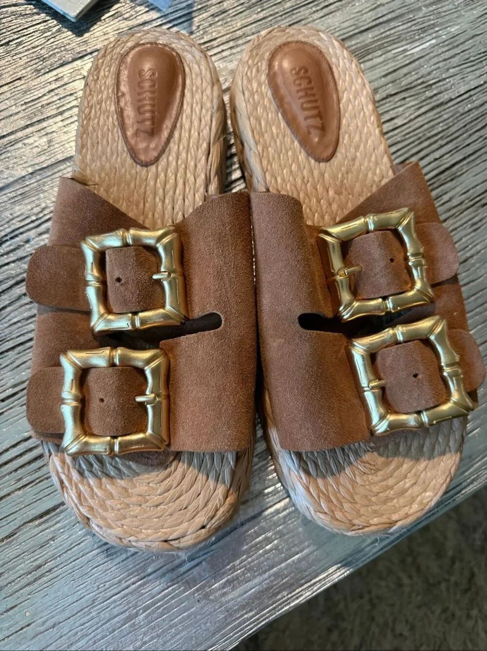 Schutz Enola Honey Peach Suede & Rafia Sandals sz 11 EUC